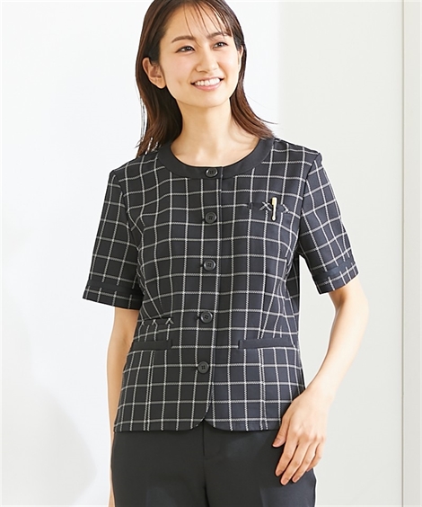 事務服・会社制服|【事務服】ノーカラーオーバーブラウス（接触冷感・吸汗速乾・消臭テープ付） ニッセン nissen(黒系ウィンドウペン柄)