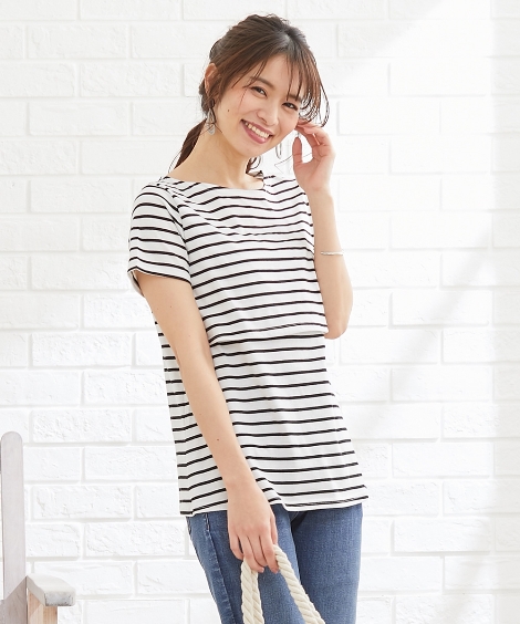 Tシャツ マタニティ ママ 産前 産後 授乳服 授乳しやすい ボーダー 半袖 LL/3L ニッセン ...