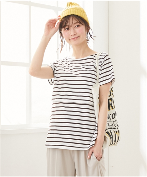 Tシャツ マタニティ ママ 産前 産後 授乳服 授乳しやすい ボーダー 半袖 LL/3L ニッセン nissen｜nissenzai｜03