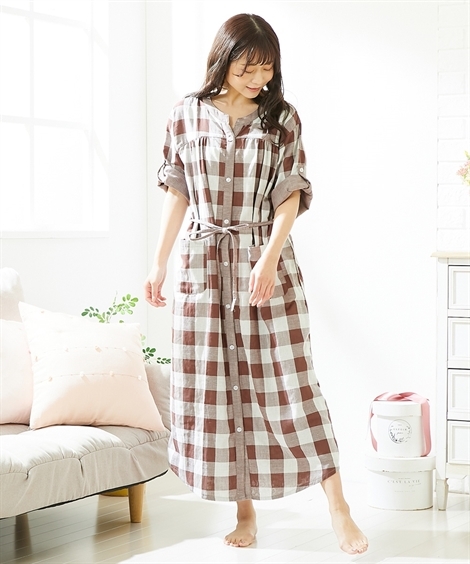 パジャマ マタニティ ママ 産前 産後 授乳服 上質 綿100 ダブルガーゼ ロールアップできる 前開き Nissen 6l ニッセン 4l ネグリジェ 5l 7分袖