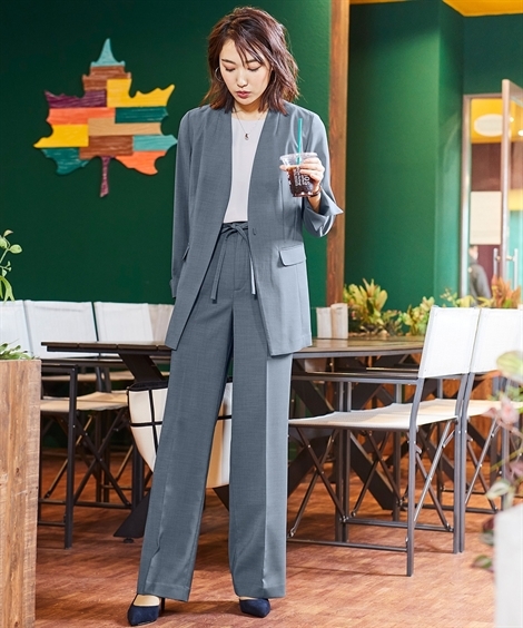 スーツ パンツ レディース リネンライク素材 ノーカラー ジャケット 共布 ベルト付 ワイド S M L ニッセン Nissen ニッセン Paypayモール店 通販 Paypayモール