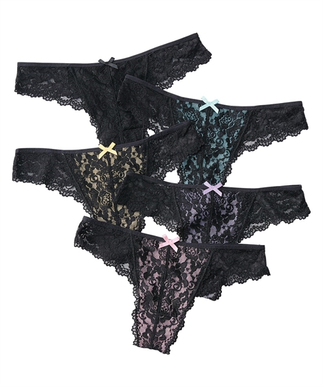 ショーツLL黒3枚 ニッセン（nissen） ショーツ レディース レーシー Tバック 5枚組 LL