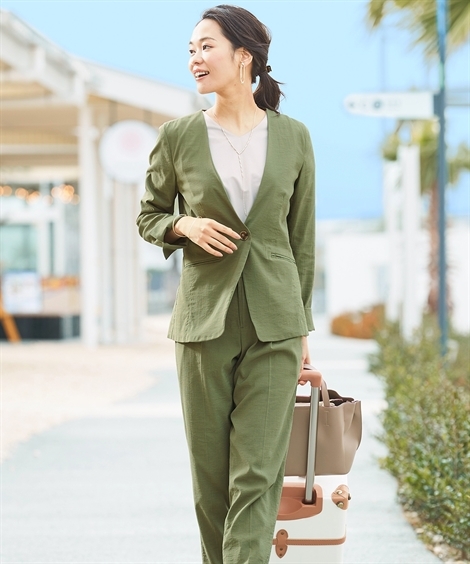 スーツ パンツ レディース うすカル ストレッチ ワッシャー素材 ノーカラー ジャケット テーパード S M L ニッセン Nissen ニッセン Paypayモール店 通販 Paypayモール