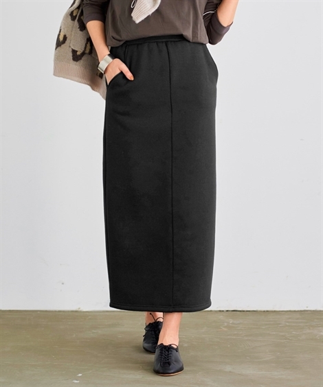 スカート|大きいサイズ  まるでニットのような軽量裏起毛ニットフリースロングスカート ニッセン nissen(黒)