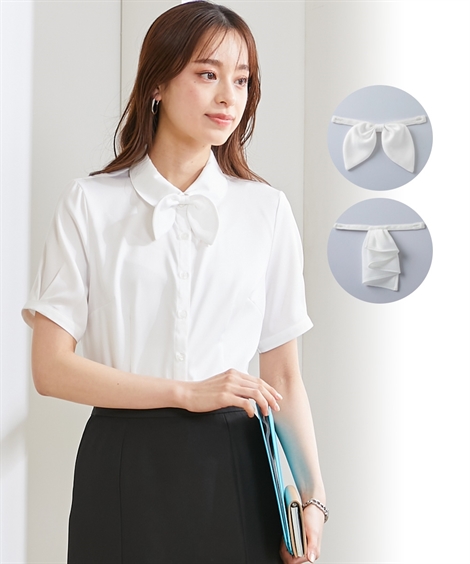 事務服・会社制服|【事務服】半袖パウダーサテンシャツ（抗菌防臭加工）（リボンタイ・フリルタイ付） ニッセン nissen(オフホワイト)
