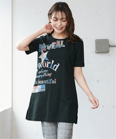 トップス チュニック 大きいサイズ 綿１００％ＡラインプリントチュニックＴシャツ ニッセン nissen｜nissenzai｜03