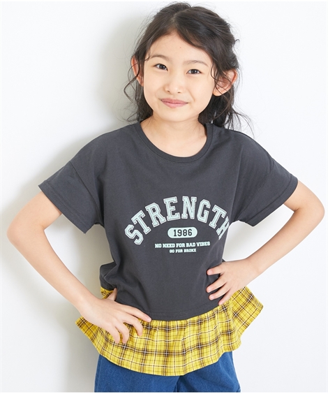 Tシャツ カットソー キッズ 女の子 綿100％ 裾チェック柄 カレッジロゴ