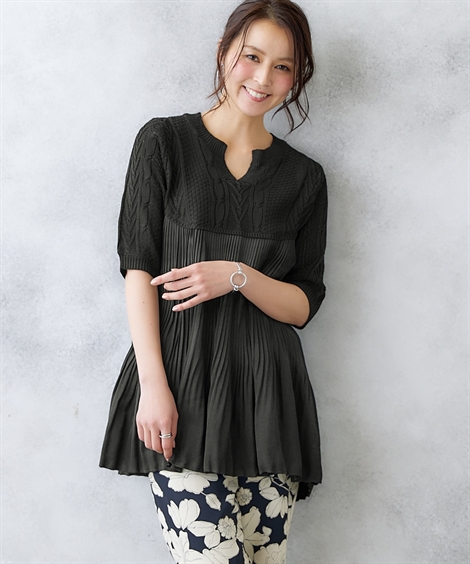 ニッセン チュニック レディース Hana服 プリーツ 切替 ニット M