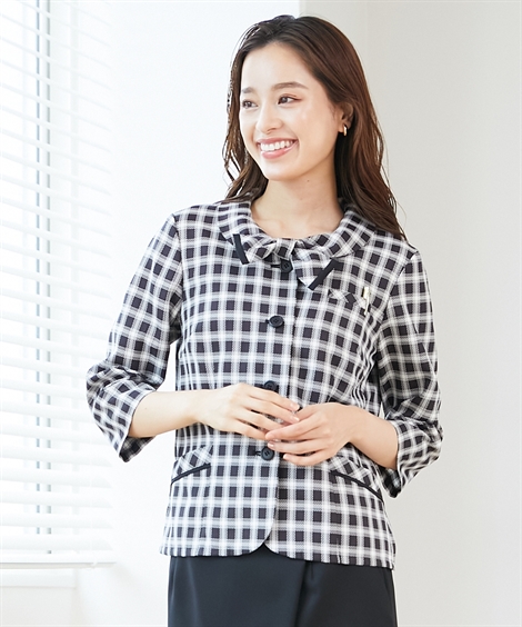 事務服・会社制服|【事務服】リボンデザイン7分袖オーバーブラウス（接触冷感・吸汗速乾・消臭テープ付） ニッセン nissen(黒系チェック柄)