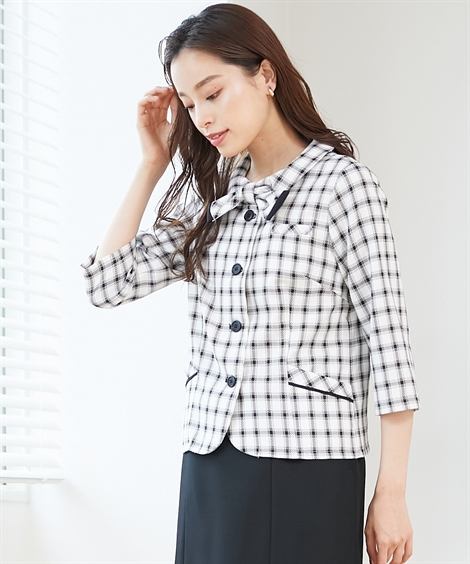 事務服・会社制服|【事務服】リボンデザイン7分袖オーバーブラウス（接触冷感・吸汗速乾・消臭テープ付） ニッセン nissen(オフホワイト系チェック柄)