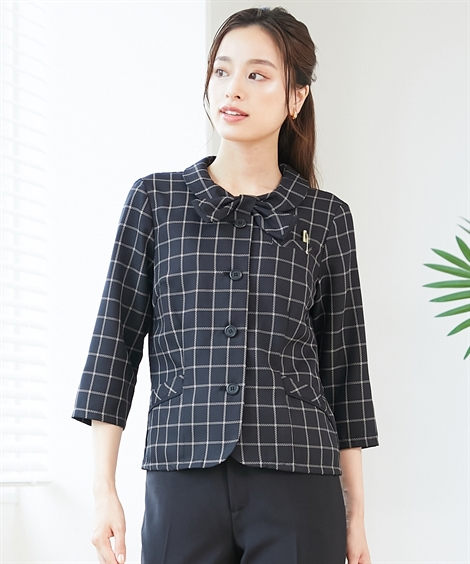事務服・会社制服|【事務服】リボンデザイン7分袖オーバーブラウス（接触冷感・吸汗速乾・消臭テープ付） ニッセン nissen(黒系ウィンドウペン柄)