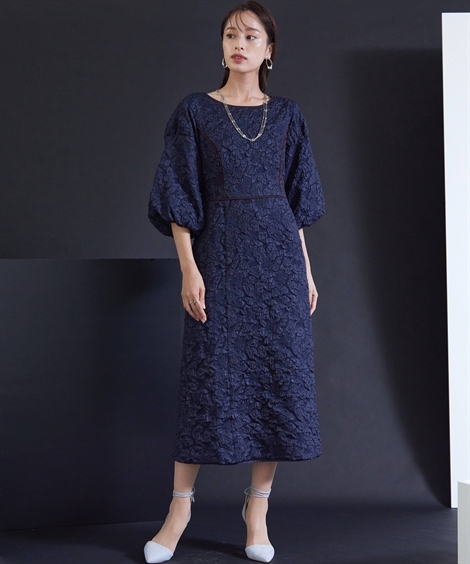 ドレス ワンピース 大きいサイズ レディース 結婚式 パーティー オケージョン Callarus Piping Design Volume Sleeve Onepiece Dress 有 4L/5L ニッセン nissen