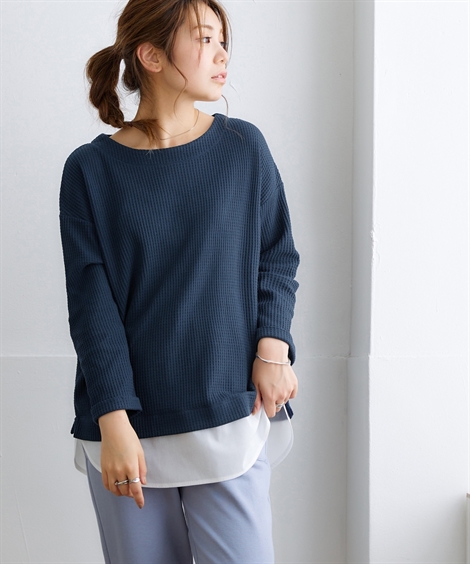 Tシャツ カットソー 大きいサイズ レディース ワッフル素材重ね着風 トップス 9分袖 3L/4L/5L/6L ニッセン nissen｜nissenzai｜03