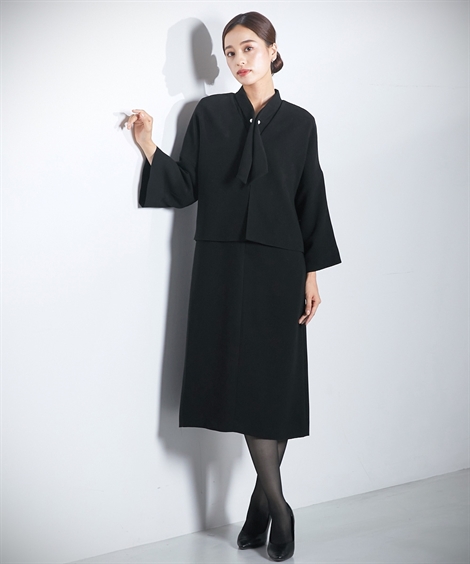 喪服 ワンピース レディース 礼服 Callarus 日本製生地使用洗える防しわ デザイン アンサンブル ドロップ ショルダー ジャケット ＋パール調ボタン使い 有の画像