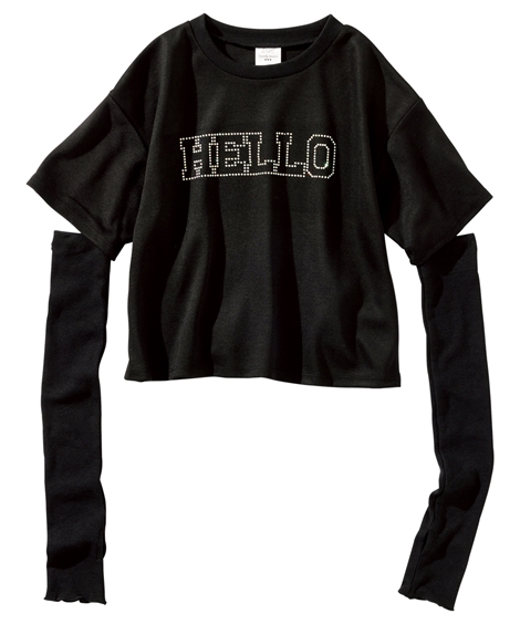 Tシャツ カットソー キッズ アーム カバー 付ラインストーンロゴ 女の子 子供服 ジュニア服 身長130cm ニッセン nissen