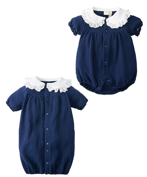 ニッセン（nissen） ベビー しわガーゼ フリル衿パフ袖 ロンパース 服