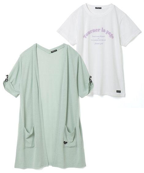 キッズ 2点セット 5分袖 ロング カーディガン ＋ プリント Tシャツ 女の子 子供服 ジュニア服...