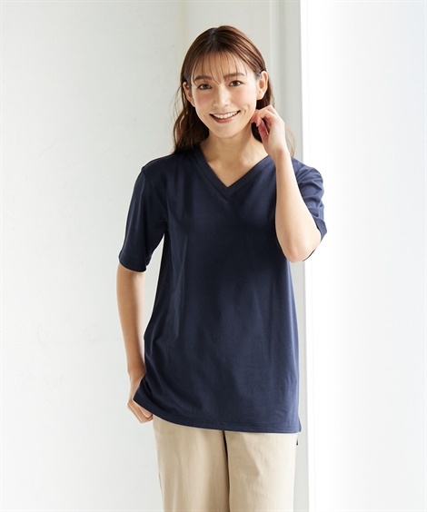 トップス 大きいサイズ　綿１００％汗染みしにくいＶネック５分袖Ｔシャツ ニッセン nissen