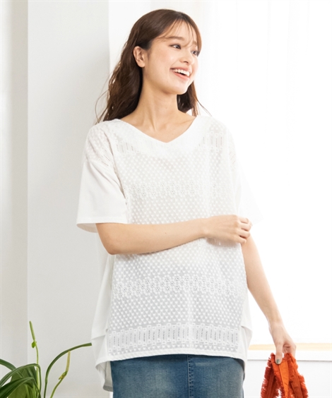 Tシャツ カットソー 大きいサイズ レディース 5分袖コットン レース 切替ゆるシルエット トップス L/LL/3L/4L/5L ニッセン nissen