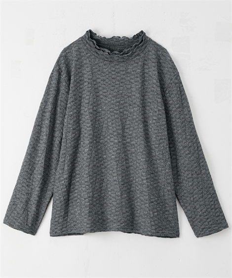 Tシャツ カットソー シニア ファッション 日本製9分袖フリルネックジャガード プルオーバー M/L...