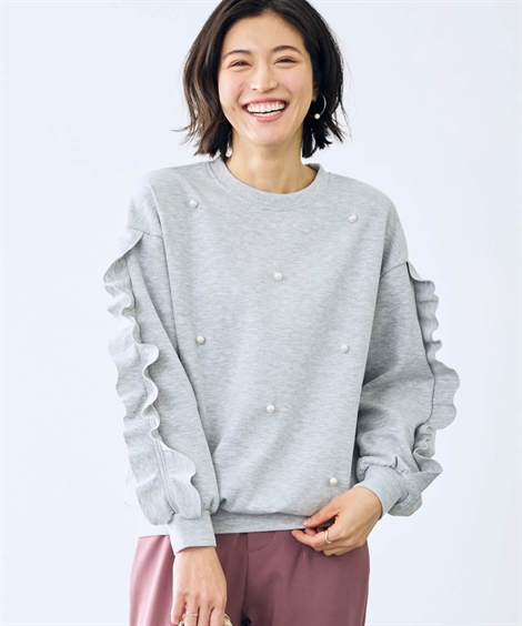 Tシャツ カットソー レディース パール付袖フリルカット プルオーバー Hana服 M/L ニッセン...