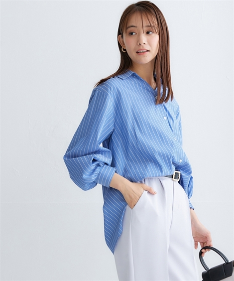 ニッセン シャツ ブラウス レディース 裾タックストライプ S/M/L ニッセン シャツ ブラウス レディース 裾タックストライプ S/M/L