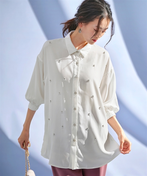 シャツ ブラウス レディース ビジュー付7分袖 ロング Hana服 M/L ニッセン nissen