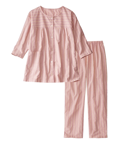 パジャマ 大きいサイズ レディース 綿100％ 前開き 7分袖ストライプ柄 セットアップ 女性 4L...