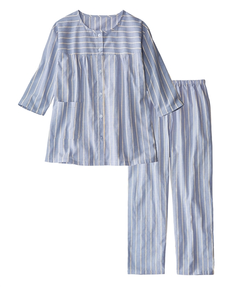 パジャマ 大きいサイズ レディース 綿100％ 前開き 7分袖ストライプ柄 セットアップ 女性 4L...