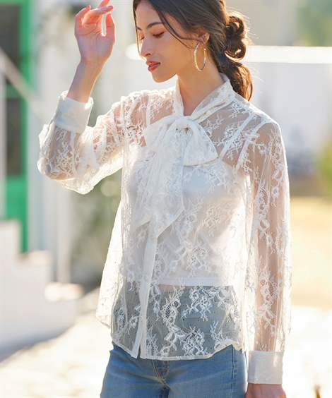 シャツ ブラウス レディース ボウタイ総 レース ERES BELLA LL/3L ニッセン nissen ニッセン シャツ ブラウス レディース ボウタイ総 レース ERES
