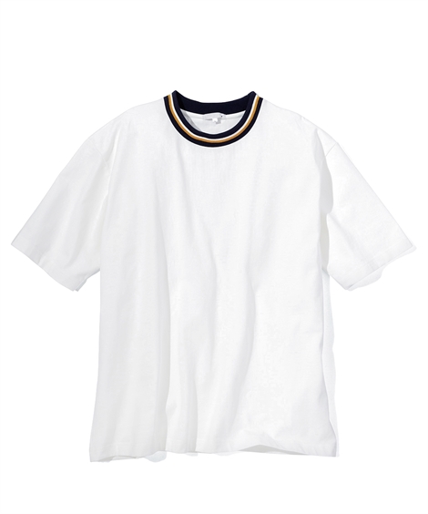 Tシャツ カットソー メンズ オーバーサイズリブライン入5分袖Tシャツ  ビッグ ラージ トップス 3L〜10L ニッセン nissen｜nissenzai｜02