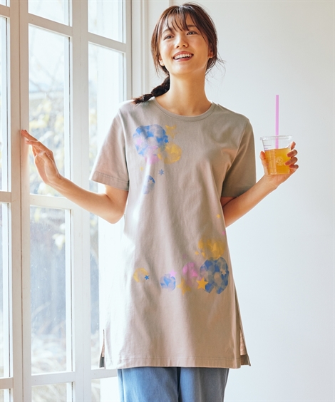 カラフル象さん　グラフィック❤️綿100%年中快適　男女兼用　大きいサイズ有 大きいサイズ7分袖綿混スラブカットソーカーディガン重ね着風