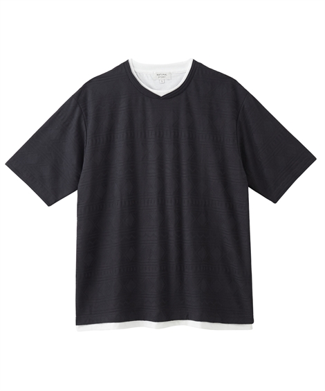 Tシャツ カットソー メンズ 重ね着風オルテガジャガード 半袖 WネックTシャツ  トップス M/L...