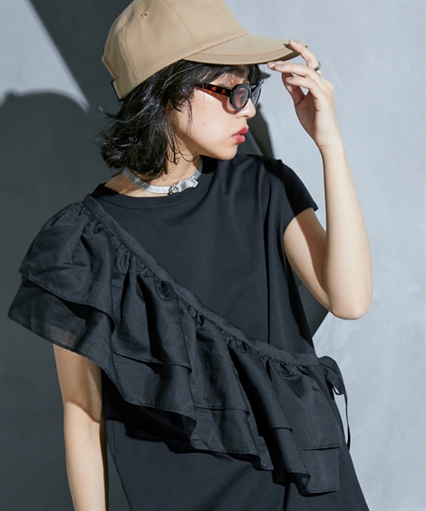 レディース フリル衿付フレンチスリーブTシャツ GEVS. 夏 | L/LL/3L/4L/5L | ニッセン nissen ニッセン レディース フリル衿付フレンチスリーブTシャツ GEVS