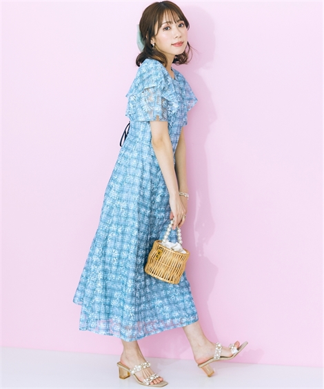 ワンピース ロング マキシ 大きいサイズ レディース チェック×花柄 レース デザイン marun ひざ下 L/LL/3L/4L/5L ニッセン nissen_1