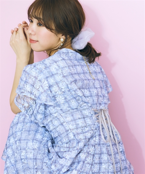 ワンピース ロング マキシ 大きいサイズ レディース チェック×花柄 レース デザイン marun ひざ下 L/LL/3L/4L/5L ニッセン nissen_2