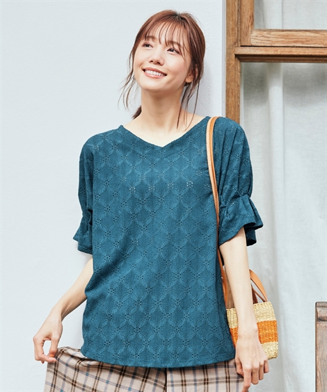 Tシャツ カットソー 大きいサイズ レディース 5分袖 レース ドルマン トップス L/LL/3L/4L/5L ニッセン nissen｜nissenzai｜02