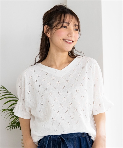 Tシャツ カットソー 大きいサイズ レディース 5分袖 レース ドルマン トップス L/LL/3L/4L/5L ニッセン nissen｜nissenzai｜03