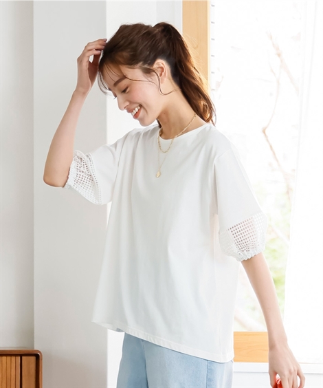 Tシャツ カットソー 大きいサイズ レディース 綿混ランタン レース 5分袖ゆる プルオーバー L/LL/3L/4L/5L ニッセン nissen｜nissenzai｜02