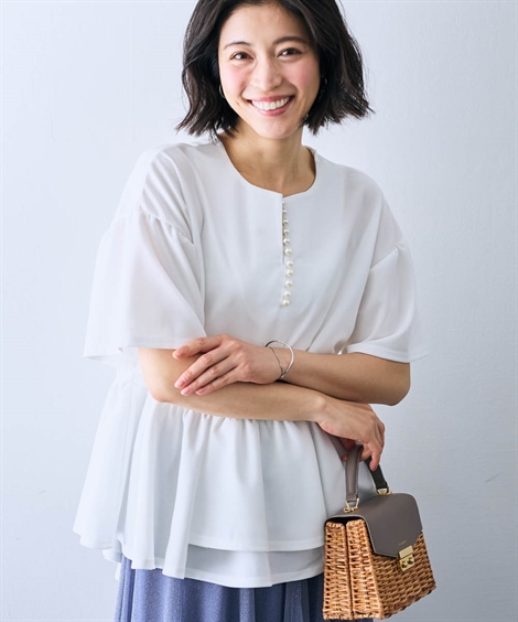 Tシャツ カットソー レディース パール調ビジュー付カットジョーゼットペプラム トップス Hana服 M/L ニッセン nissen｜nissenzai｜02