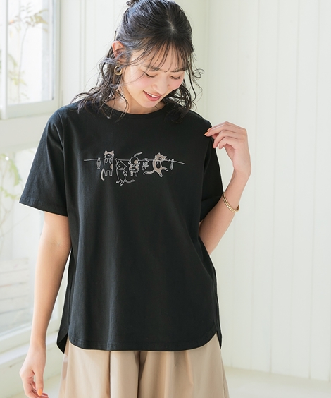 ニッセン（nissen） レディース 吸汗速乾 裾ラウンド プリント Tシャツ