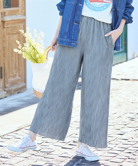 ニッセン ワイドパンツ レディース ウェーブ プリーツ パンツ
