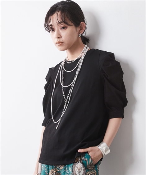 Tシャツ カットソー 大きいサイズ レディース 綿100％ タックパフスリーブ シックス タイル L/LL/3L/4L/5L ニッセン nissen ニッセン Tシャツ カットソー 大きいサイズ レディース 綿100