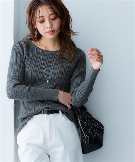 ニッセン ニット レディース 綿100％ クルーネック ランダムリブ