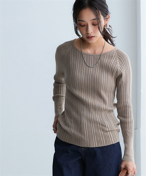 ニッセン ニット レディース 綿100％ クルーネック ランダムリブ