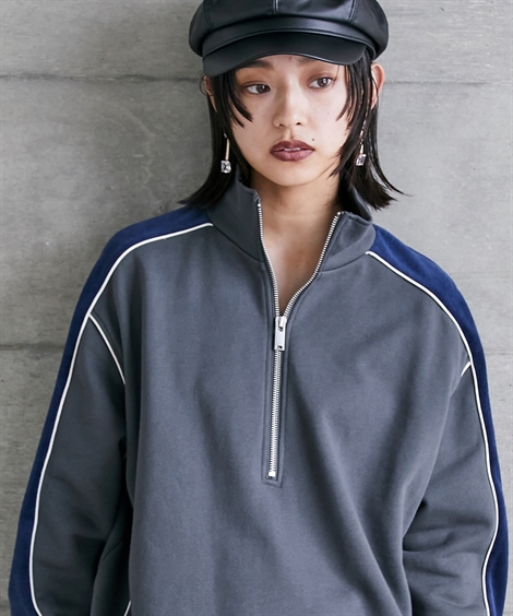 Tシャツ カットソー 大きいサイズ レディース 配色切替 ハーフ ジップ プルオーバー GEVS. 対応 M〜5L ニッセン nissen ニッセン Tシャツ カットソー 大きいサイズ レディース 配色切替