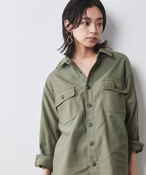 シャツ ブラウス 大きいサイズ レディース 綿100％ バック サテンミリタリー シックス タイル 対応 M〜5L ニッセン nissen CHIC STYLE ブラウス シャツ バックサテンミリタリーシャツ