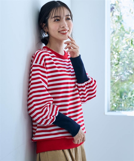 Tシャツ カットソー レディース 綿混配色リブボーダー プルオーバー Otona Purete M/L ニッセン nissen ニッセン Tシャツ カットソー レディース 綿混配色リブボーダー