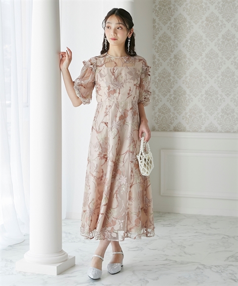 パーティドレス ワンピース レディース 結婚式 パーティー ドレス パフスリーブ花柄刺繍 二次会 披露宴 お呼ばれ フォーマルドレス M/L ニッセン nissen_2