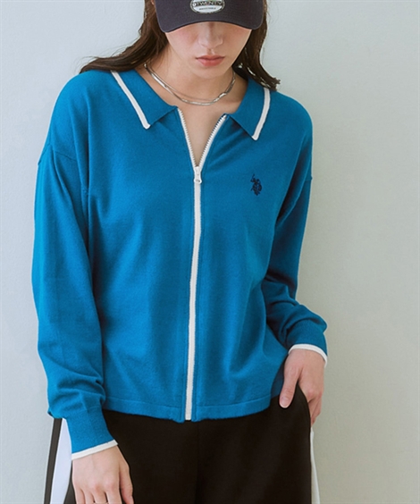 カーディガン レディース U.S. POLO ASSN. 衿付ライン入  羽織り S/M/L/LL ニッセン nissen ニッセン カーディガン レディース U.S. POLO ASSN. 衿付ライン
